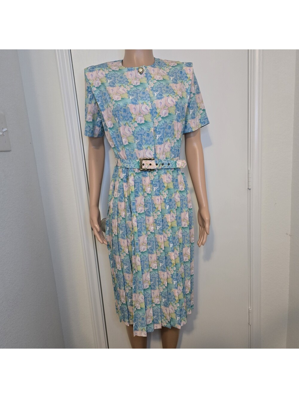 VTG Leslie Fay Petite 80s Pastel Floral Belt Dress Garden Party Secretary Retro
